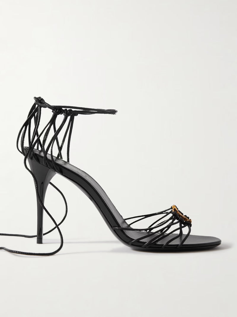 SAINT LAURENT BABYLONE CASSANDRE-EMBELLISHED KNOTTED LEATHER SANDALS